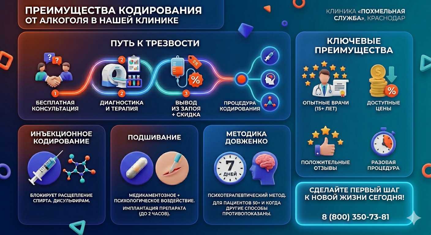 Инфографика о методах кодирования от алкоголя в Новой Игирме: инъекции, подшивание, метод Довженко. Преимущества клиники и этапы лечения.
