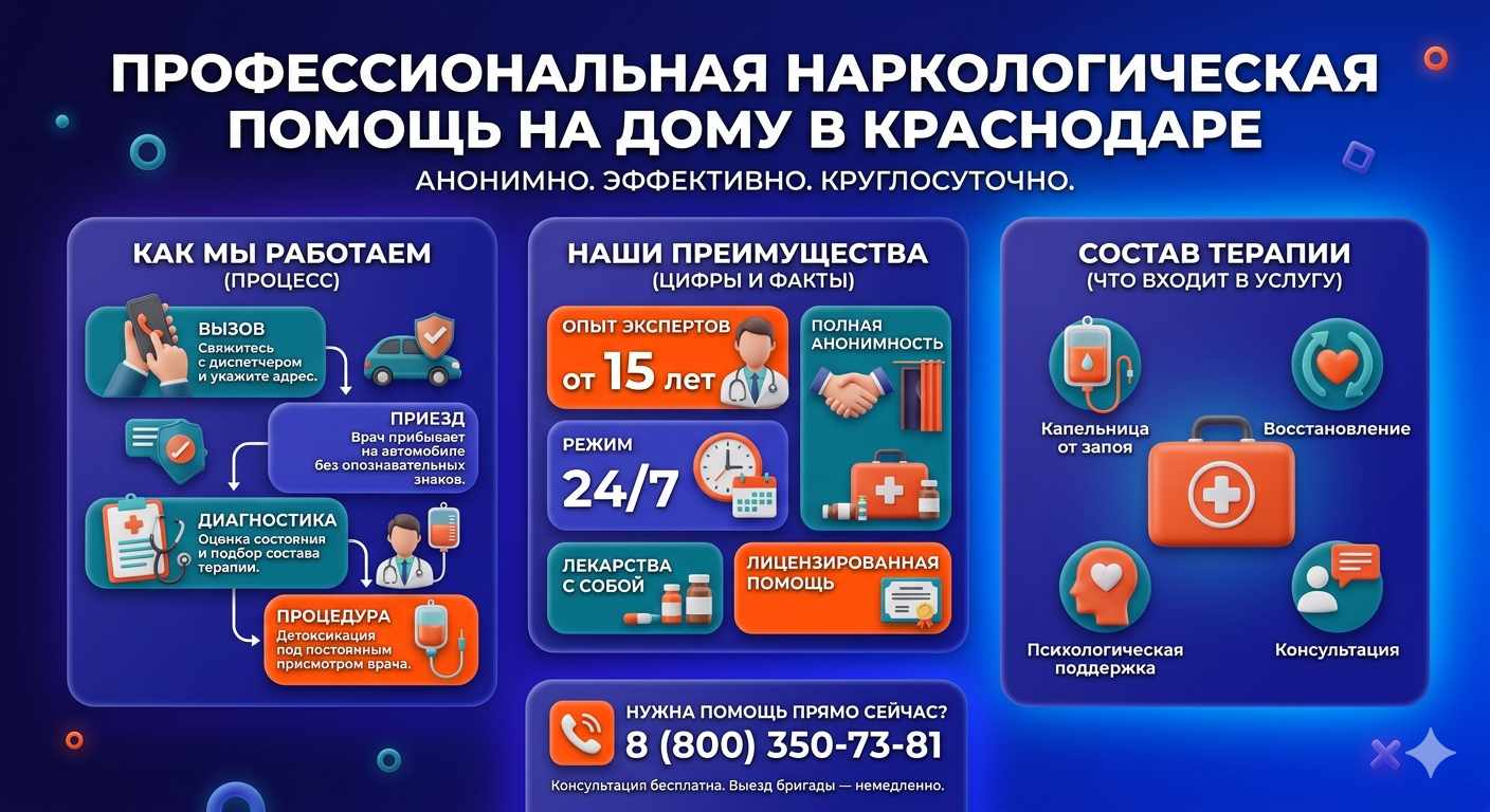 Инфографика о принципах лечения алкоголизма на дому в Новой Игирме: этапы вызова нарколога, преимущества анонимной детоксикации и состав медицинской помощи.
